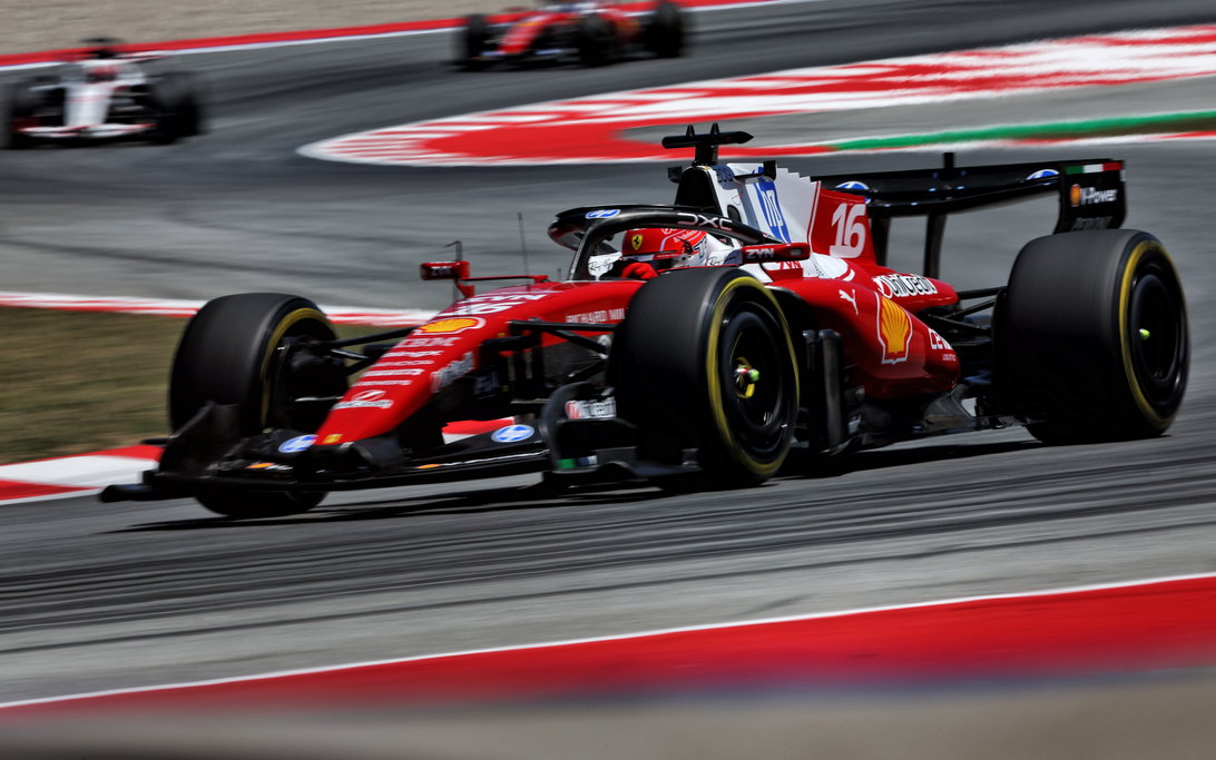 Leclerc's Ferrari at Barcelona after a brake-system change