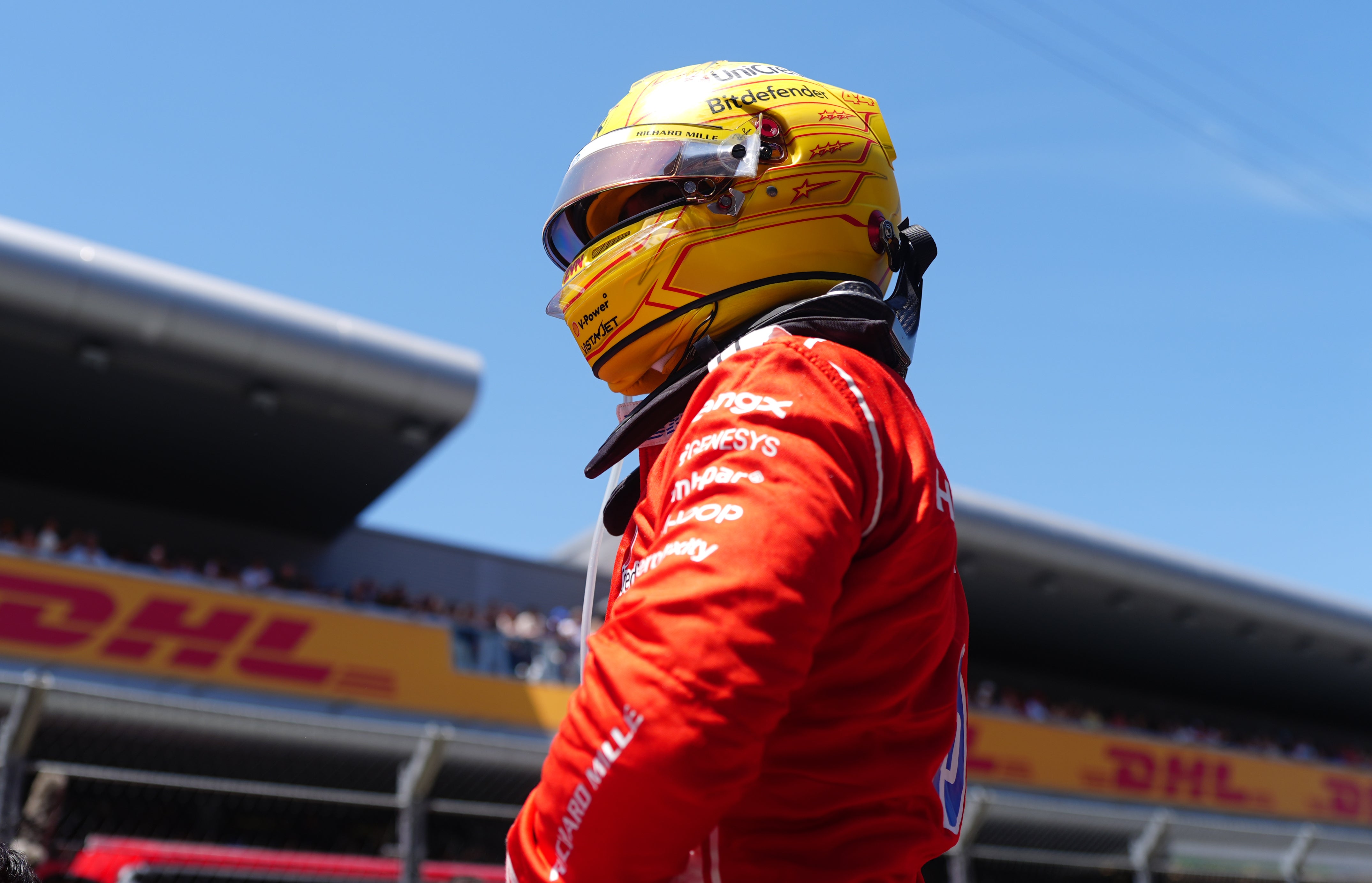 Lewis Hamilton celebrates his first Ferrari win at Barcelona-Catalunya