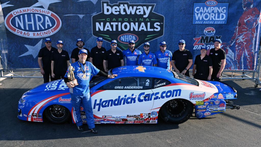Greg Anderson drives the HendrickCars.com Chevrolet Camaro to victory