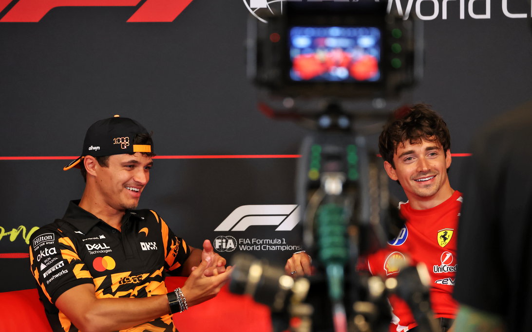 Charles Leclerc and Lando Norris Face Stewards’ Verdict After Rare Rule Breach 2 Charles Leclerc and Lando Norris during Monaco GP media duties