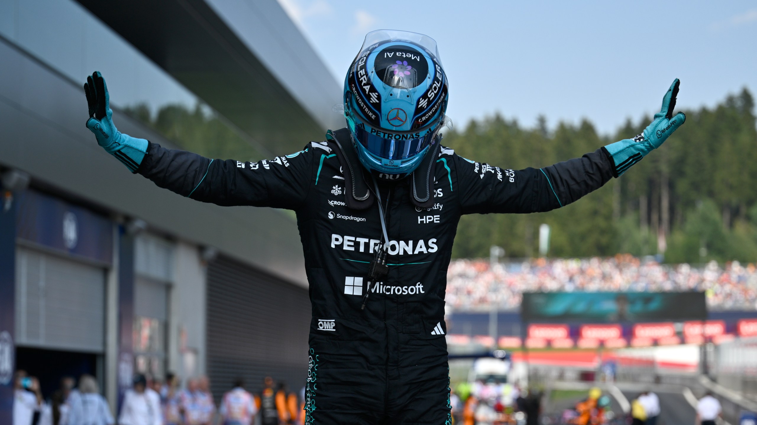 George Russell Faces Tough Question After Breakthrough Austria Win 2 George Russell celebrates winning the Austrian Grand Prix at the Red Bull Ring