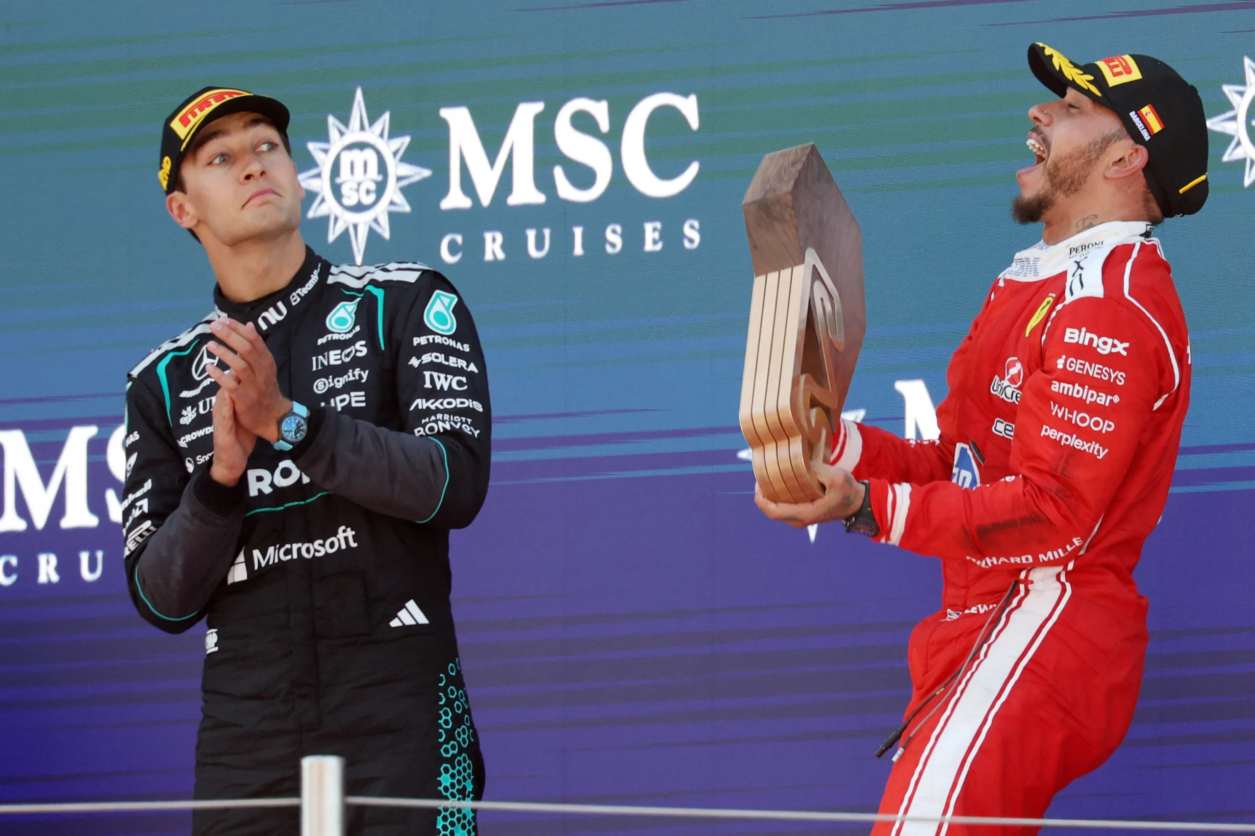 Russell Cautious After Ferrari's ‘Mighty Impressive’ Pace in Barcelona P2 1 george russell wary of mighty impressive ferrari after scaled Russell Cautious After Ferrari's ‘Mighty Impressive’ Pace in Barcelona P2