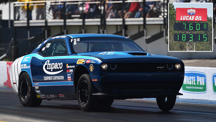 Factory Stock Champion Mark Pawuk Returns Home to Ignite Midseason Comeback 3 Pawuk’s Dodge Charger Hustle Stuff Drag Pak accelerating during Factory Stock competition