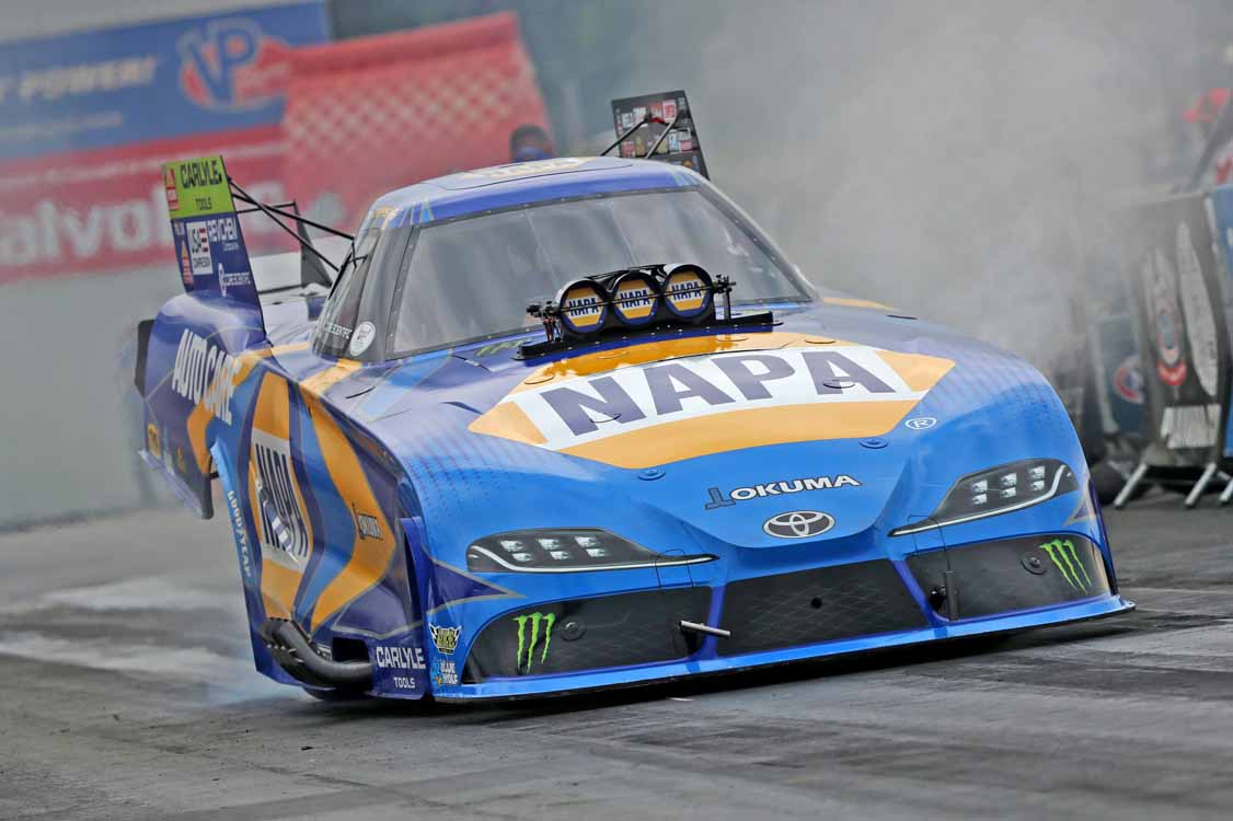 Funny Car Leader Ron Capps Advances to NHRA New England Semifinals Again 3 Ron Capps Motorsports Funny Car and crew prepare between rounds