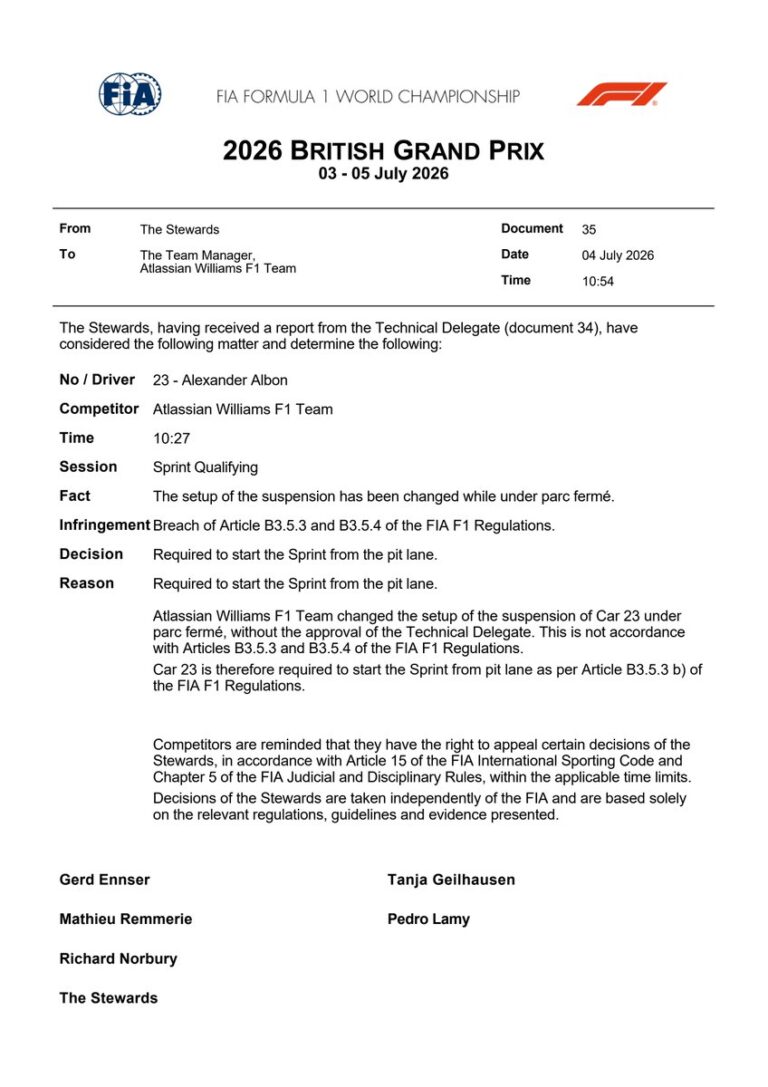 Williams Faces F1 Stewards Over British GP Rule Violation 8 doc 35 infringement car 23 changes made during parc ferme Williams Faces F1 Stewards Over British GP Rule Violation