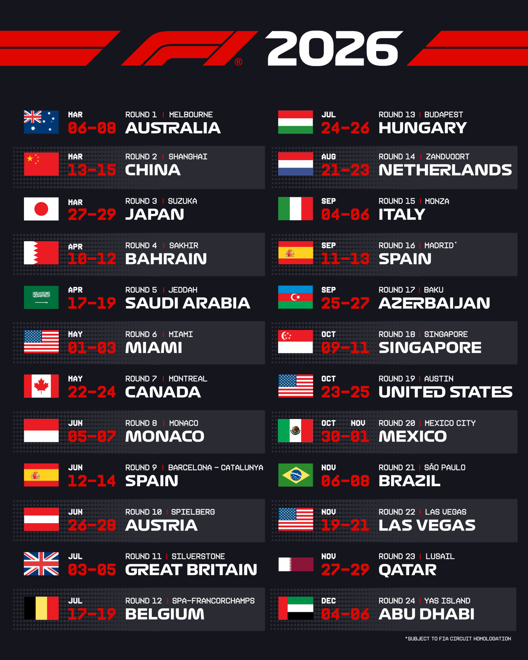 2026 F1 Hungarian Grand Prix Budapest Schedule: Key Race Times Revealed 3 Official 2026 Formula 1 calendar announcement graphic