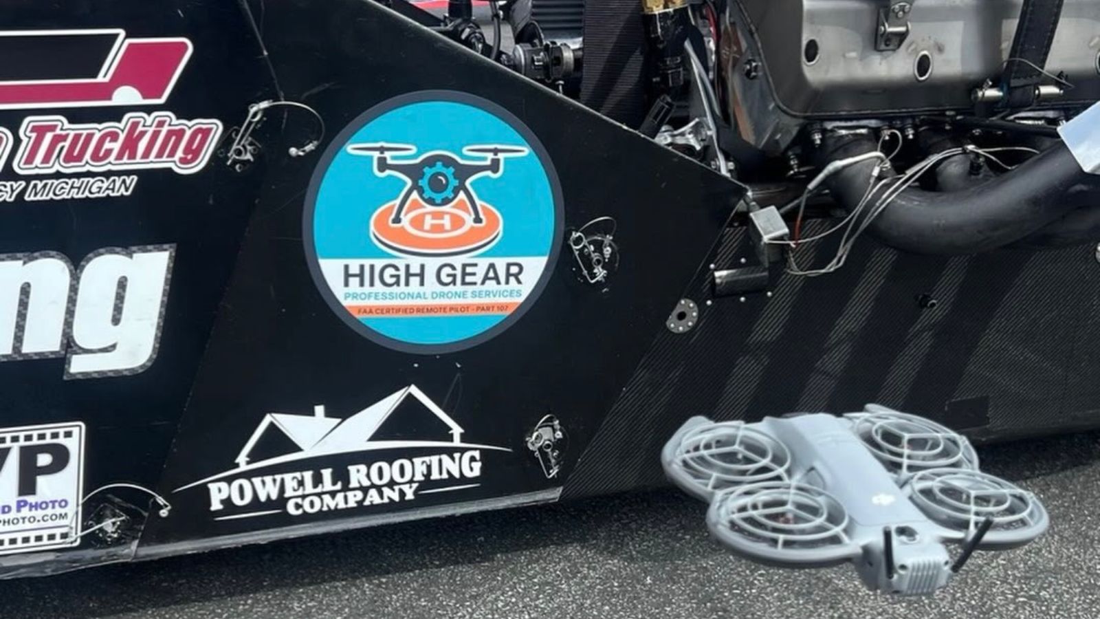 High Gear Drones and Powell Roofing Excited as ScottRod Racing’s Associate Sponsors at NHRA Nationals 2 ScottRod Racing Top Fuel dragster carrying High Gear and Powell Roofing branding at Norwalk