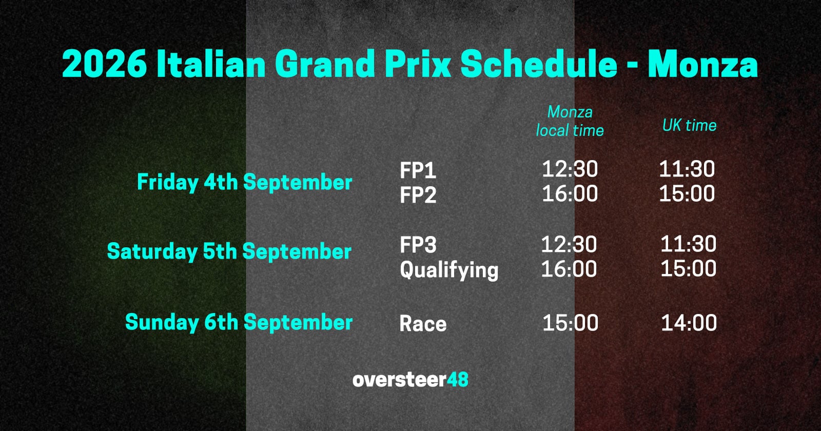 When Does F1’s 2026 Italian Grand Prix Start? Complete Weekend Times 2 2026 Italian Grand Prix weekend schedule graphic for Monza