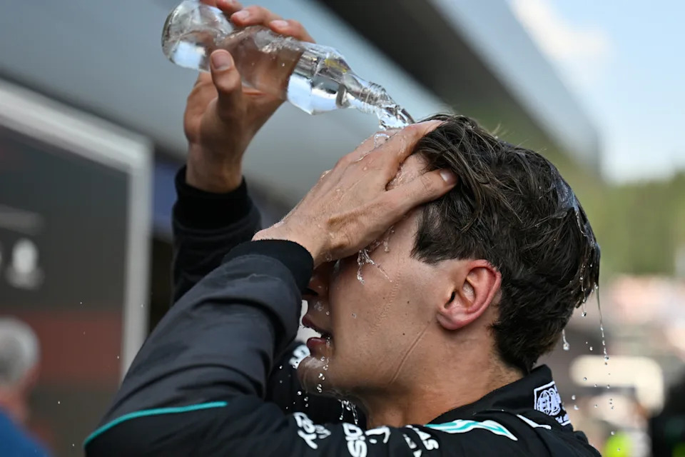 George Russell Given Just 5% Chance to Win F1 Title 3 George Russell celebrates a Grand Prix victory amid hot conditions