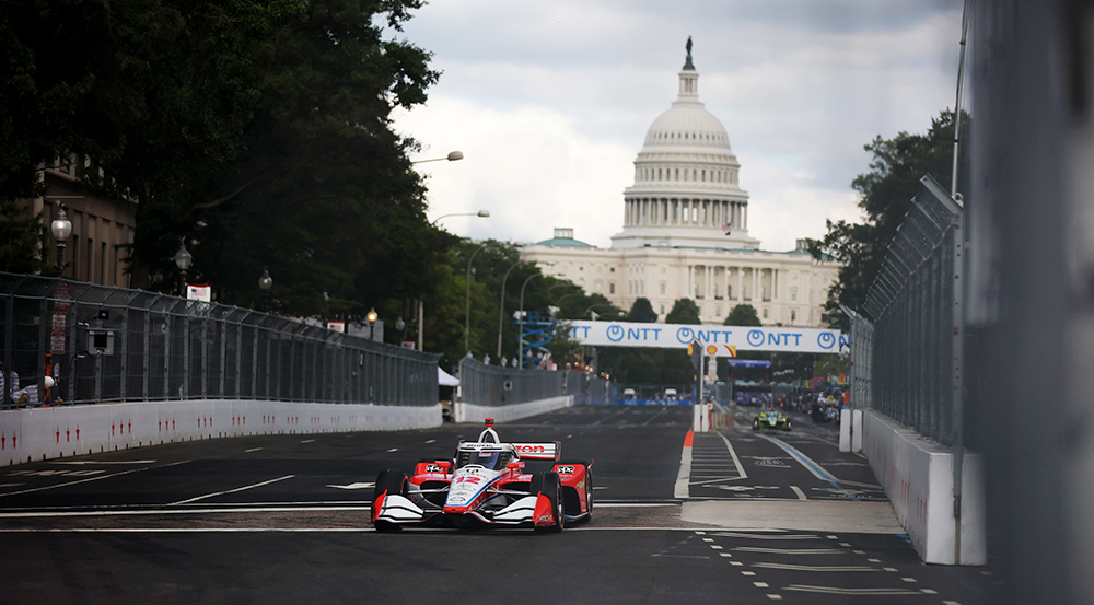 Epic Backdrop Sets Stage for Intense Sunday Street Fight in D.C. 2 INDYCAR cars race past Washington landmarks on the new D.C. street circuit