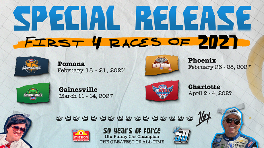 NHRA Unveils Exciting 20-Race 2027 Schedule with ‘50 Years of Force’ Celebration 2 NHRA confirms a 2027 schedule bookended by Pomona, starting with the Winternationals