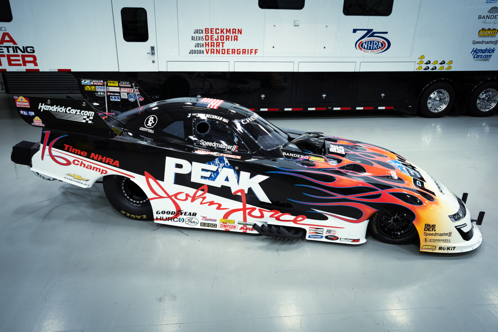 PEAK Celebrates John Force’s Iconic 1996 Season with Vintage NHRA U.S. Nationals Paint Scheme 2 PEAK’s black-and-white throwback flames on Jack Beckman’s Chevrolet SS Funny Car