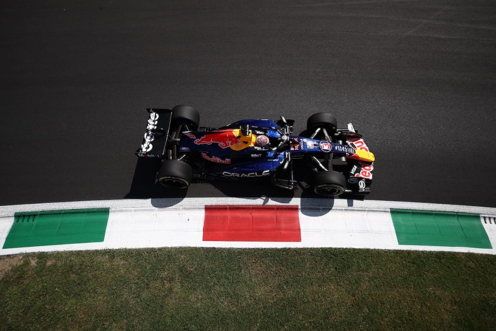 Mekies Reveals Intense Moments from Red Bull’s Italian GP Battle 3 Cars at speed on Monza’s main straight during the 2026 Italian Grand Prix