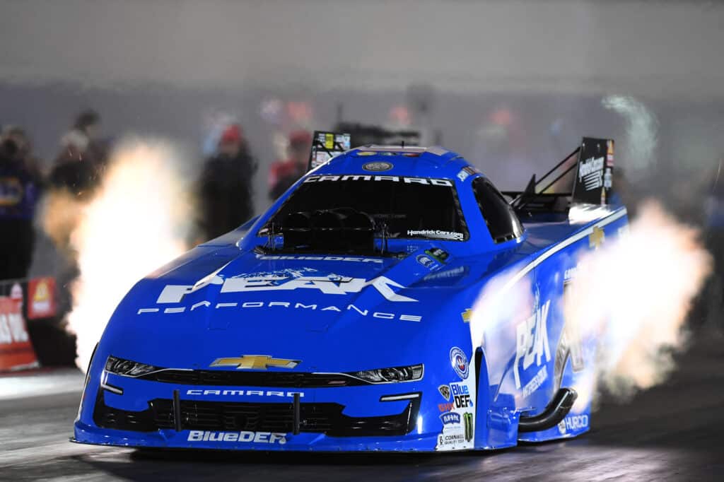 DeJoria Powers John Force Racing’s Dominant Saturday Performance 2 John Force Racing Funny Car on track at Rockingham Dragway