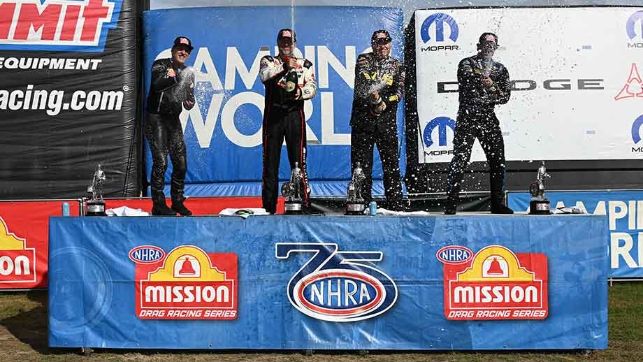 Hagan Aims to Extend Points Lead as Pruett Seeks Rockingham Turnaround 3 Drivers celebrate during an NHRA event weekend