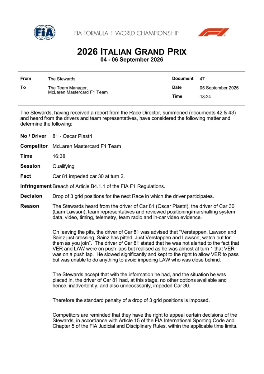 F1 Team Vows to Appeal Controversial Italian GP Ruling 3 Stewarding calls and restart procedures under scrutiny at Monza