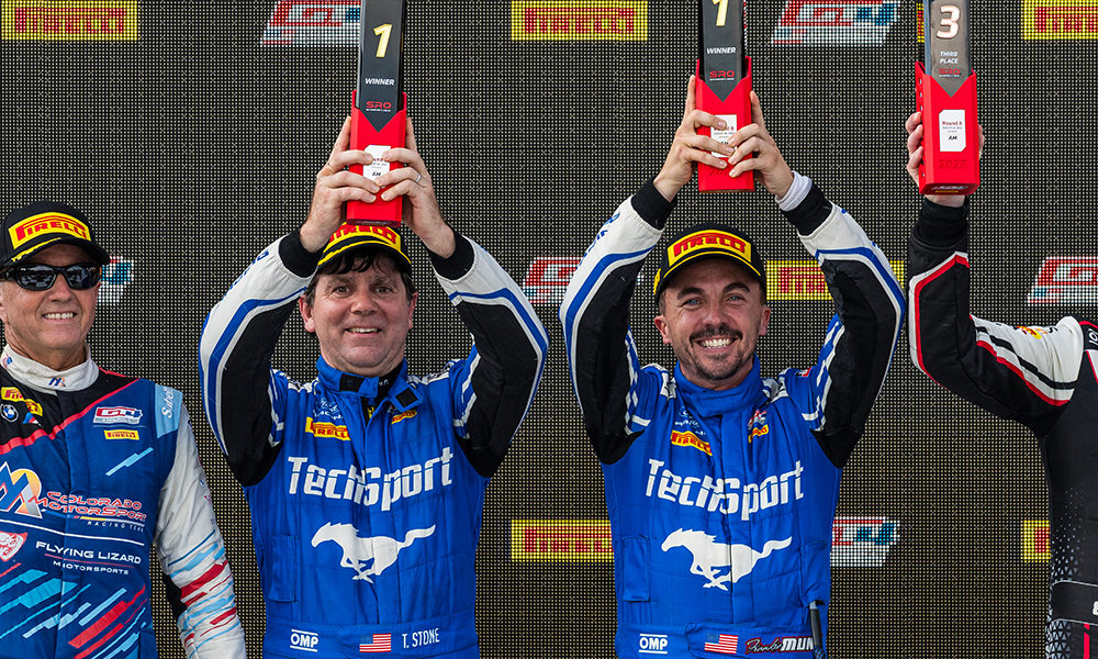 Frankie Muniz Clinches Thrilling GT4 America Victory with Tyler Stone at Barber 3 Frankie Muniz celebrates a GT4 America victory at Barber Motorsports Park
