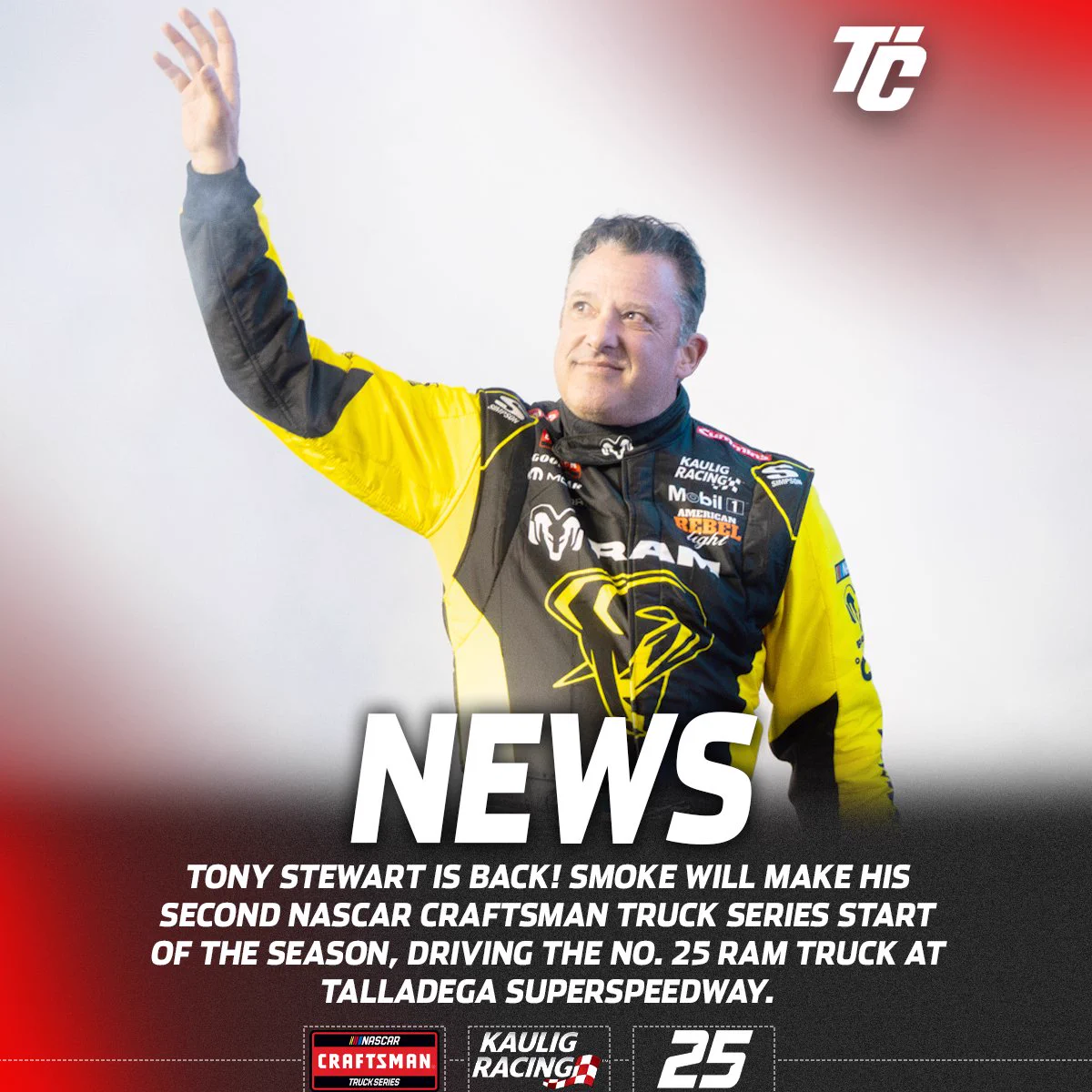 Tony Stewart Gears Up for Another NASCAR Truck Race at Talladega 3 Announcement of Tony Stewart's NASCAR Truck Series return shared on X