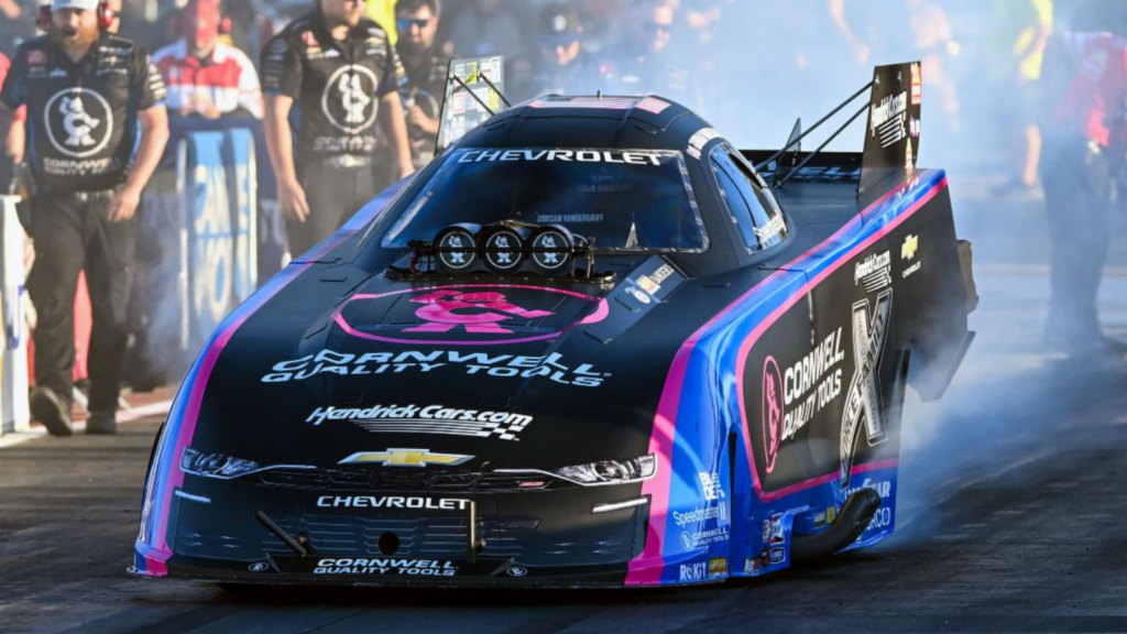Jordan Vandergriff Aims to Win Big at Dallas Texas NHRA FallNationals 3 Vandergriff celebrates a runner-up finish during the NHRA season