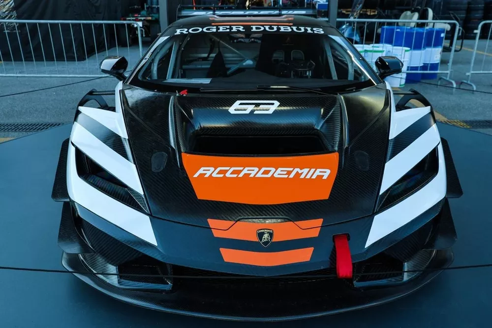 Barcelona Confirmed as Host for 2027 Lamborghini Super Trofeo World Finals 2 Lamborghini Super Trofeo cars at speed with Barcelona grandstands in the background