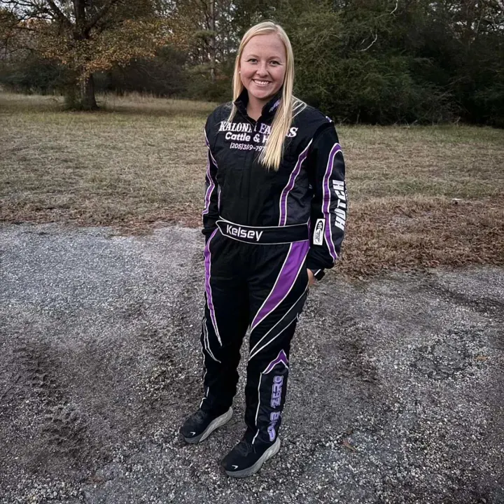 Kelsey in a black and purple FervoGear suit Kelsey in a black and purple FervoGear suit
